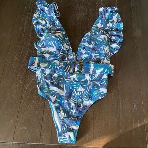 Avanova Women's One Piece Swimsuit Ruffle Strappy Deep V Neck Tropical NWT XL
